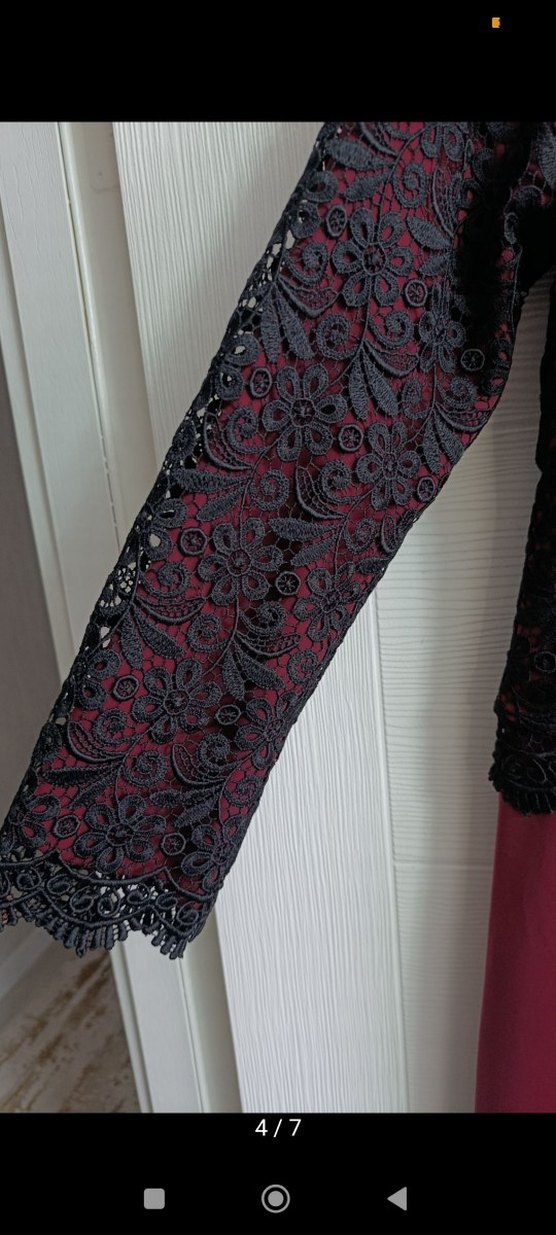 Bordo Dantel İşlemeli Uzun Kollu Kadın Abiye Elbise - Görsel 5