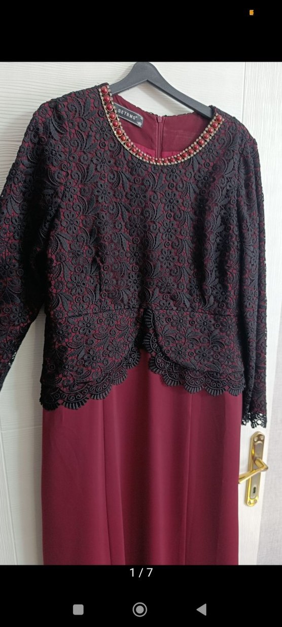 Bordo Dantel İşlemeli Uzun Kollu Kadın Abiye Elbise - Görsel 3