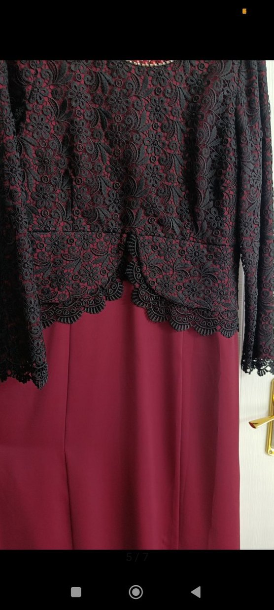 Bordo Dantel İşlemeli Uzun Kollu Kadın Abiye Elbise - Görsel 4