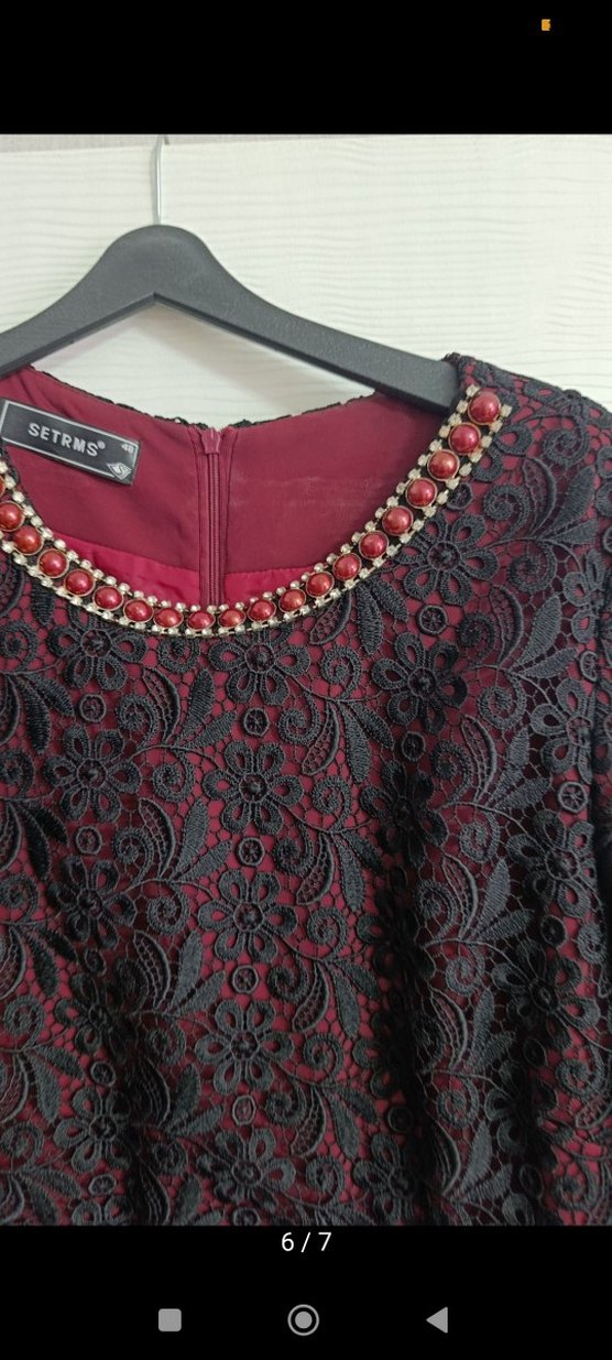 Bordo Dantel İşlemeli Uzun Kollu Kadın Abiye Elbise - Görsel 2