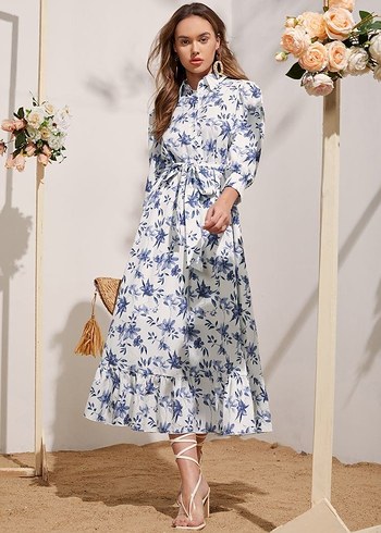 Zara Çiçek Desenli Beyaz Kadın Uzun Elbise