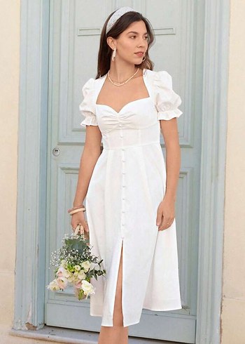 Zara Düğmeli Midi Beyaz Elbise