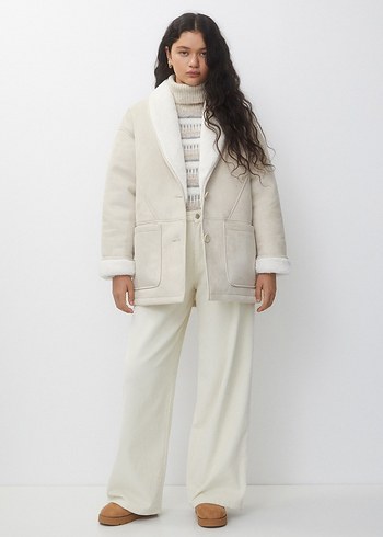 Pull and Bear Bej Kürklü Ceket