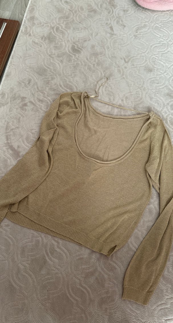 Bej Kadın Keten Uzun Kollu Basic Kazak - Görsel 2