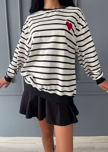Diğer Çizgili Siyah Beyaz Pamuklu Kadın Sweatshirt S beden