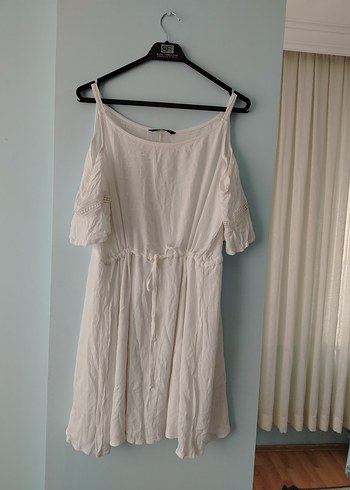 Beyaz Keten Midi Elbise - Görsel 2