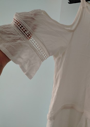 Beyaz Keten Midi Elbise - Görsel 3