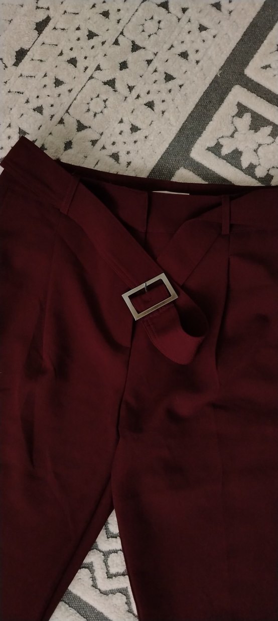 Bordo Kemerli Kadın Kumaş Pantolon - Görsel 3