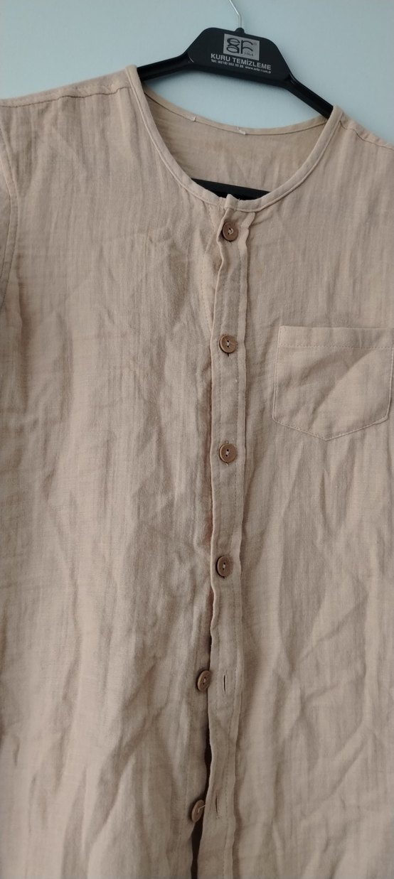 Düğmeli Krem Keten Kadın Gömlek - Görsel 2