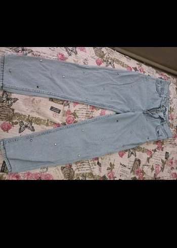 Nakışlı Düğmeli Mavi Loose Fit Midi Kot