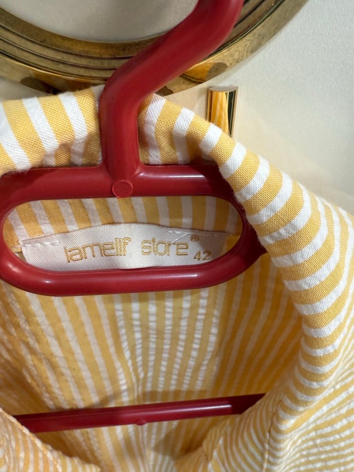 Sarı Nakışlı Kısa Keten Gömlek - Görsel 2