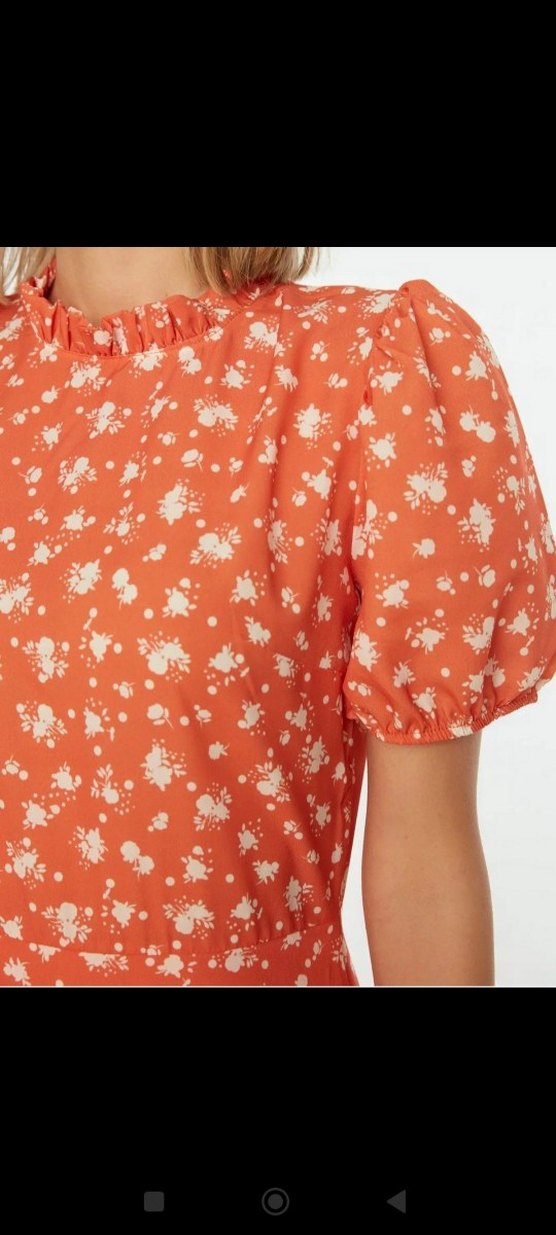 Turuncu Çiçekli Uzun Kadın Elbise - Görsel 4