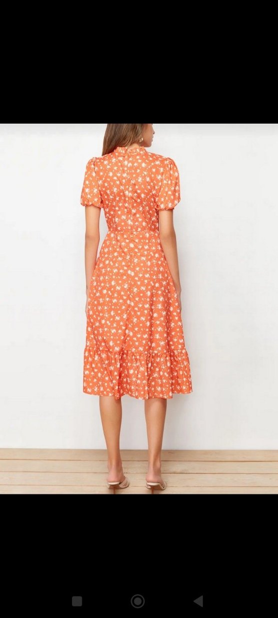 Turuncu Çiçekli Uzun Kadın Elbise - Görsel 3