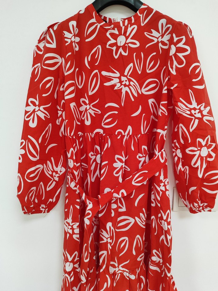 Kırmızı Çiçek Desenli Uzun Bohem Elbise - Görsel 2