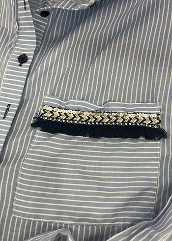 Düğmeli Çizgili Kısa Kot Gömlek - Görsel 2