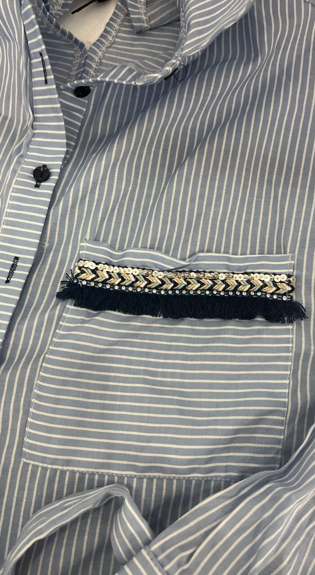 Düğmeli Çizgili Kısa Kot Gömlek - Görsel 2