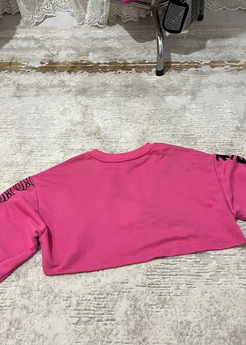 Pembe Baskılı Kadın Crop Sweatshirt - Görsel 4