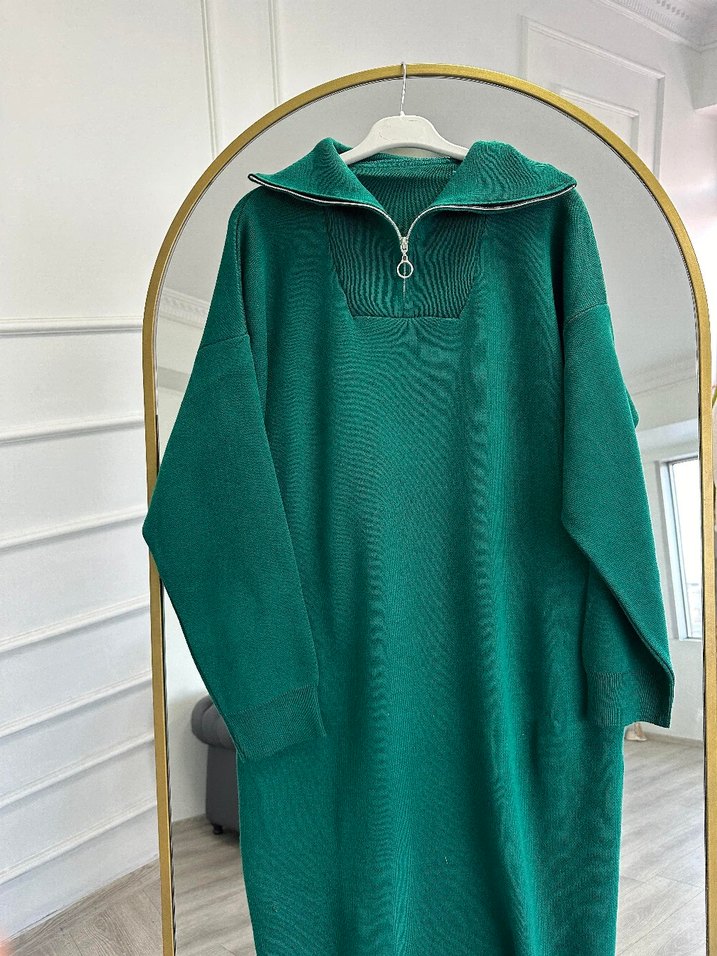 Yeşil Yüksek Yakalı Kadın Uzun Elbise - Görsel 2