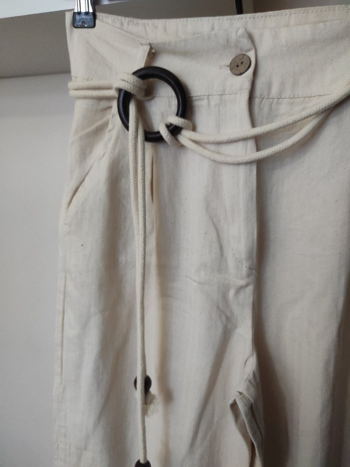 Kemerli Bej Keten Kadın Pantolon - Görsel 2