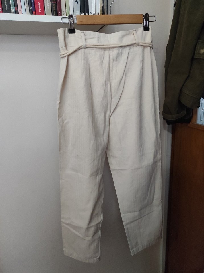 Kemerli Bej Keten Kadın Pantolon - Görsel 4