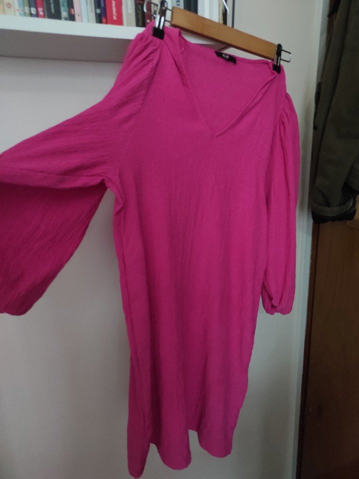 Pembe V Yaka Uzun Kollu Bohem Elbise - Görsel 4