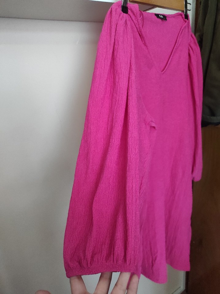 Pembe V Yaka Uzun Kollu Bohem Elbise - Görsel 2