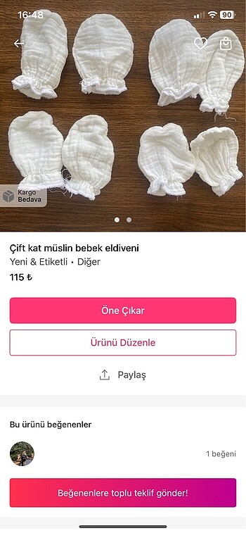 1 çift müslin eldiven