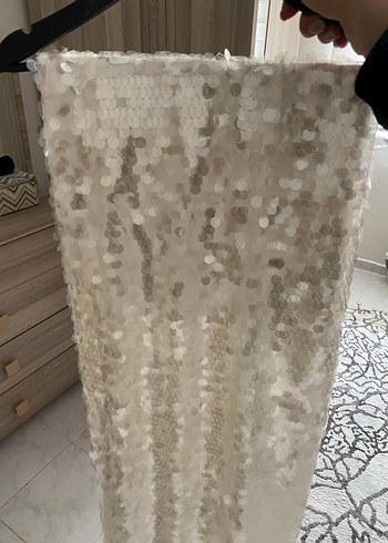 Beyaz Parlak payetli Uzun Straplez Elbise - Görsel 3