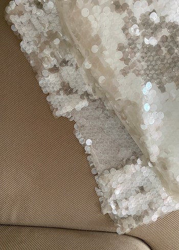 Beyaz Parlak payetli Uzun Straplez Elbise - Görsel 5