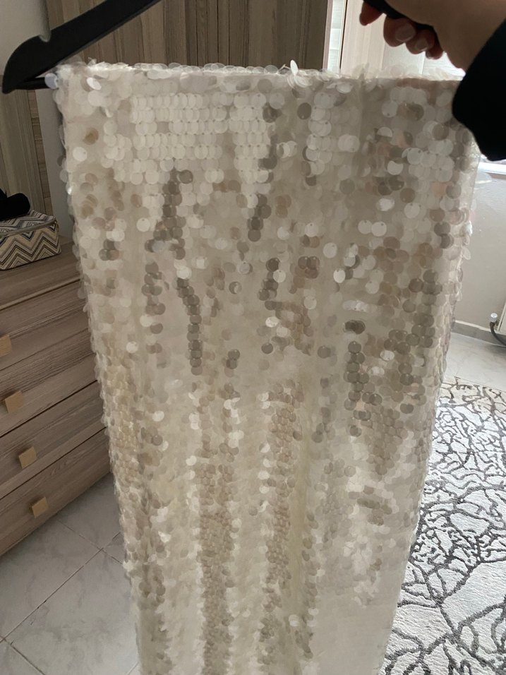 Beyaz Parlak payetli Uzun Straplez Elbise - Görsel 3