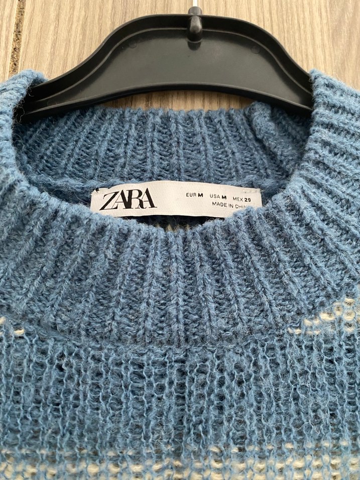 Mavi Gri Çizgili Örgü Kadın Kazak - Görsel 2