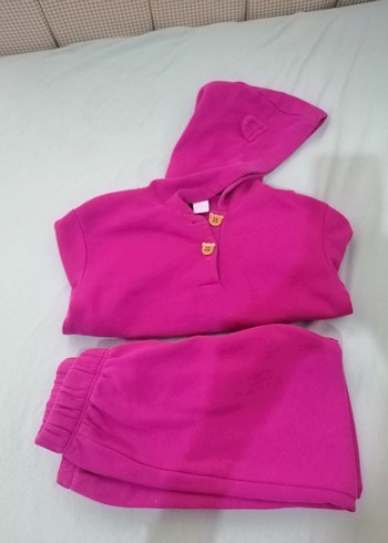 Kız Çocuk Pembe Kapüşonlu Düğmeli Eşofman Takımı - Görsel 2