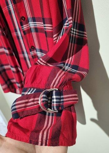 Düğmeli Kırmızı Ekose Kadın Gömlek - Görsel 3