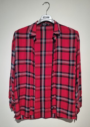 Düğmeli Kırmızı Ekose Kadın Gömlek - Görsel 5