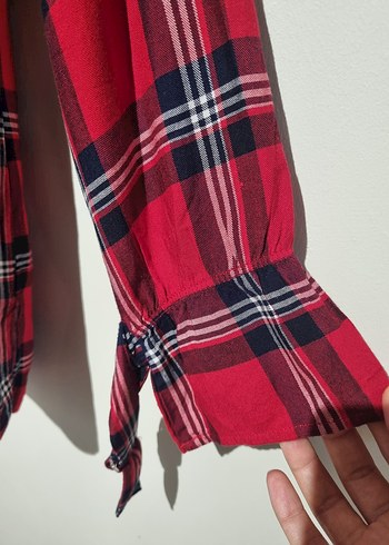 Düğmeli Kırmızı Ekose Kadın Gömlek - Görsel 4