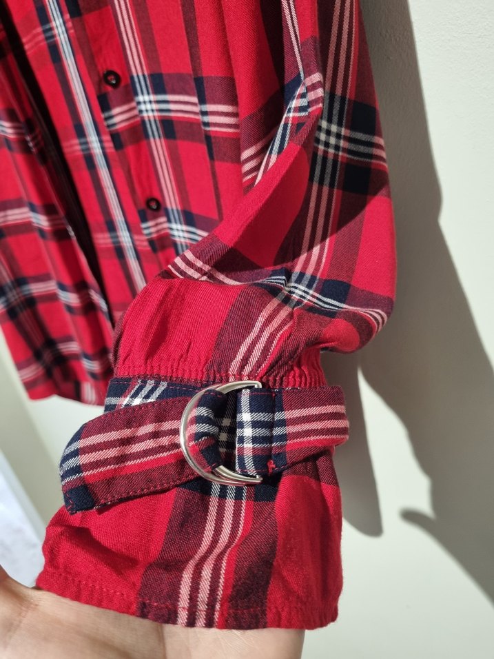 Düğmeli Kırmızı Ekose Kadın Gömlek - Görsel 3