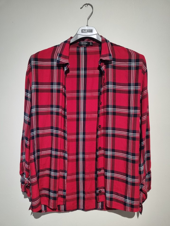 Düğmeli Kırmızı Ekose Kadın Gömlek - Görsel 5