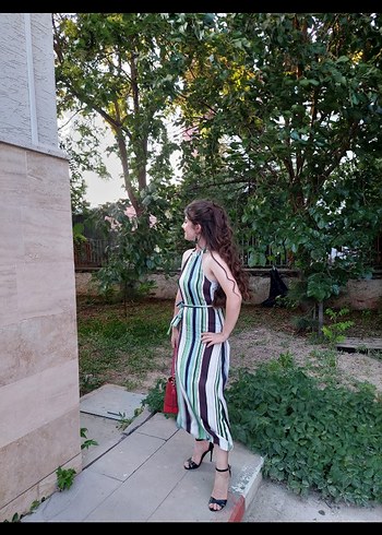 Çizgili, Askılı, Midi Boy Kadın Elbise - Görsel 2