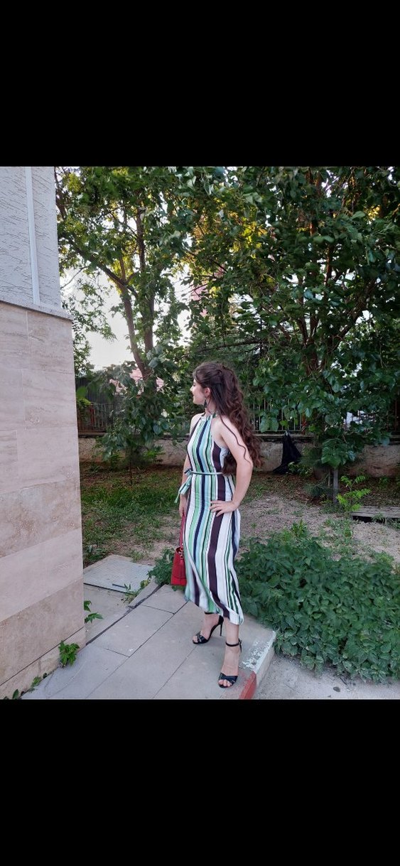 Çizgili, Askılı, Midi Boy Kadın Elbise - Görsel 2