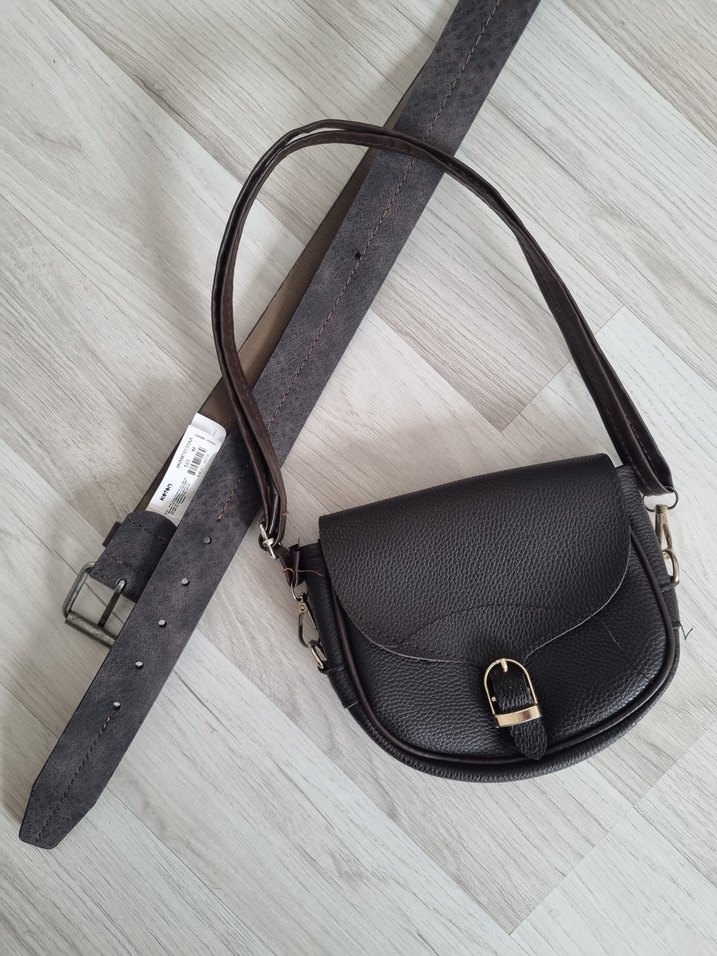 Acı Kahve Deri Tokalı Biker Kadın Çanta ve Kahve Kemer - Görsel 4