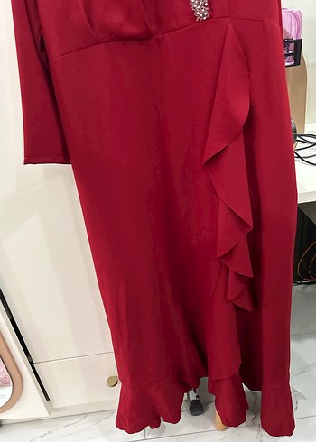 Bordo İşlemeli Uzun Kollu Uzun Elbise - Görsel 5