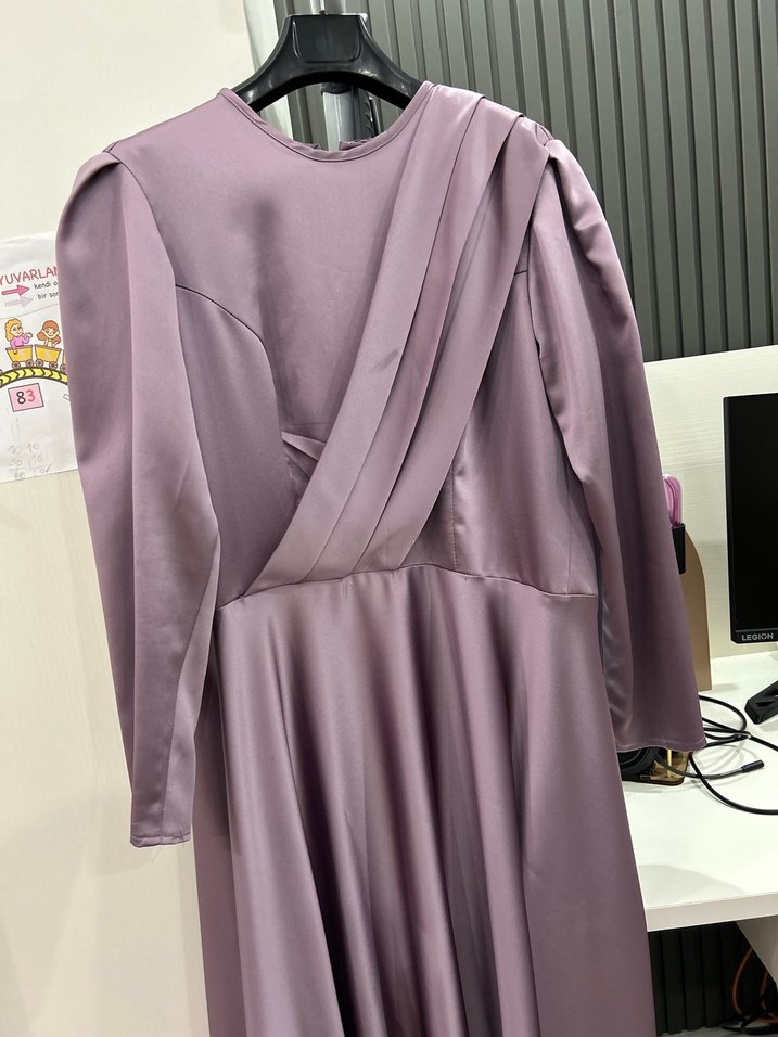 Mor Uzun Kollu Drapeli Kadın Elbise - Görsel 2