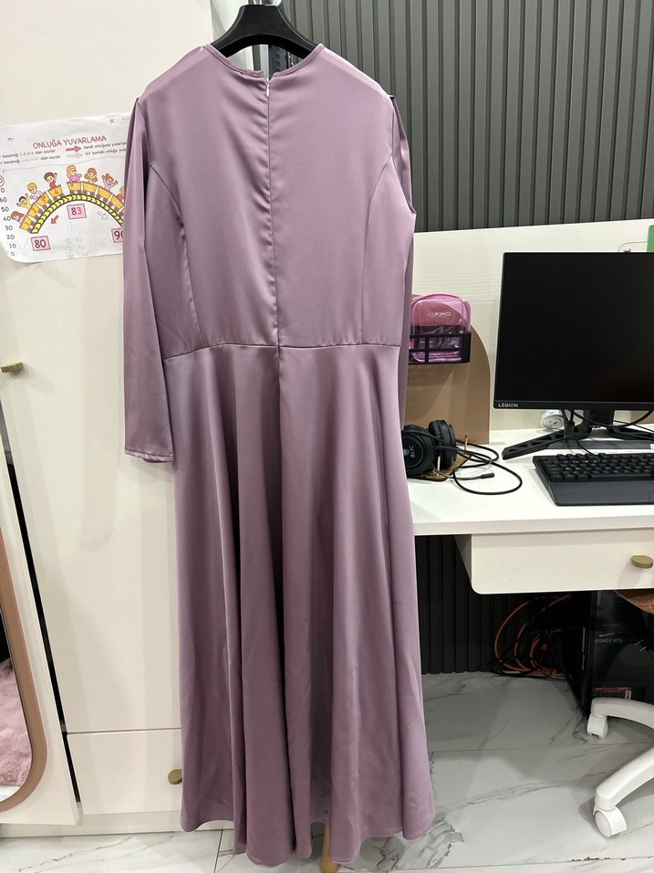 Mor Uzun Kollu Drapeli Kadın Elbise - Görsel 4