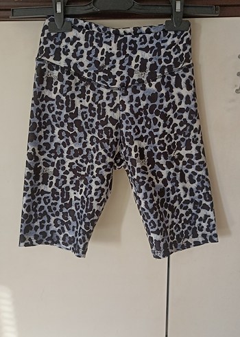 leopar Desenli Gri Yüksek Bel Mini Şort