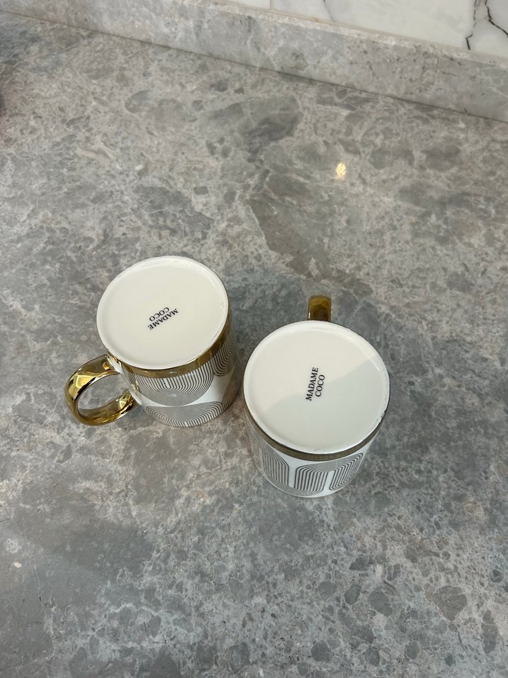 Altın Detaylı Gri Desenli İkili Kupa Seti - Görsel 3