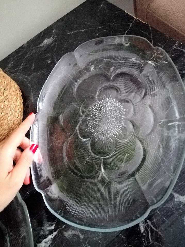 Şeffaf Çiçek Desenli Cam Tabak - Görsel 5