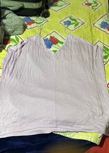 Mor V Yaka Hamile Keten Tişört lila çok şık ipek penye kumaş - Görsel 2