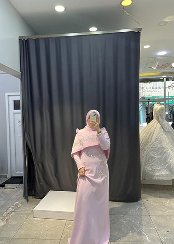 Pembe Drapeli Uzun Tesettür Abiye - Görsel 4