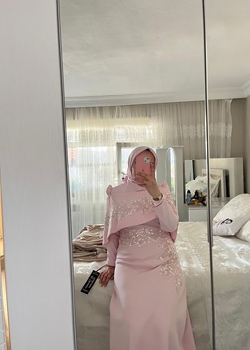 Pembe Drapeli Uzun Tesettür Abiye - Görsel 7