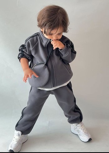 Gri unisex Çocuk Fermuarlı Takım - Görsel 3